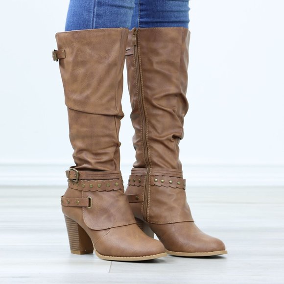 Motorcycle Heeled Boots For Rocker Biker Girls Below The Knee Tan Faux Leather - Picture 2 of 15